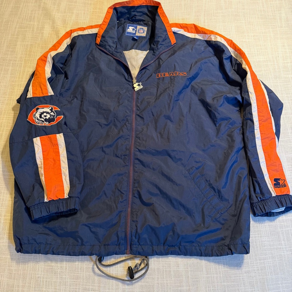 Starter Chicago Bears NFL Windbreaker Jacket Navy Blue Orange Mens XL Full Zip